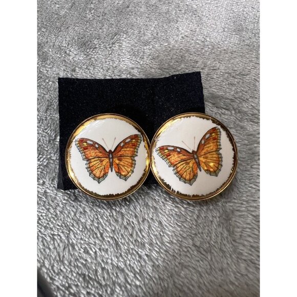 Vtg Round Gold Tone Butterfly Clip On Earrings Estate Fashion Jewelry 70s Screw - Picture 4 of 4
